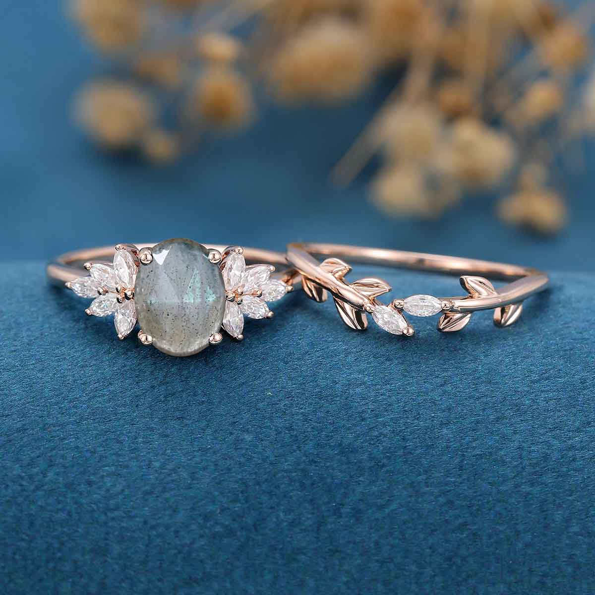 Oval cut Labradorite Cluster Engagement ring Bridal Set 