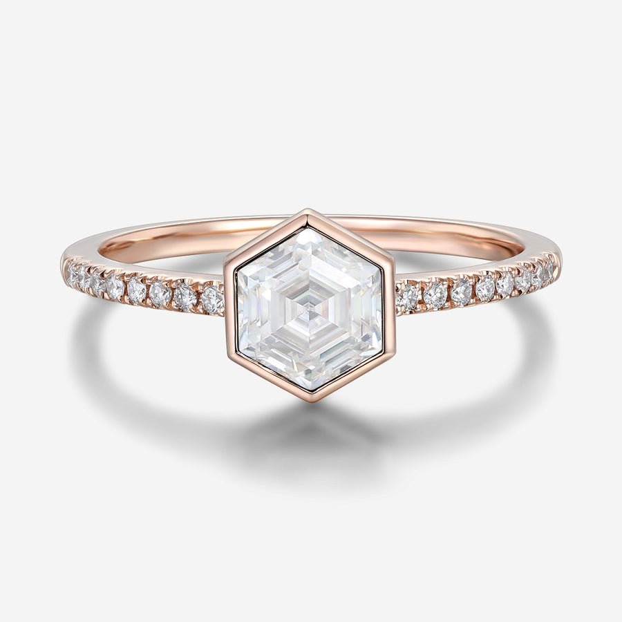 Bezel setting Hexagon cut Moissanite Half Eternity Gold Engagement Ring
