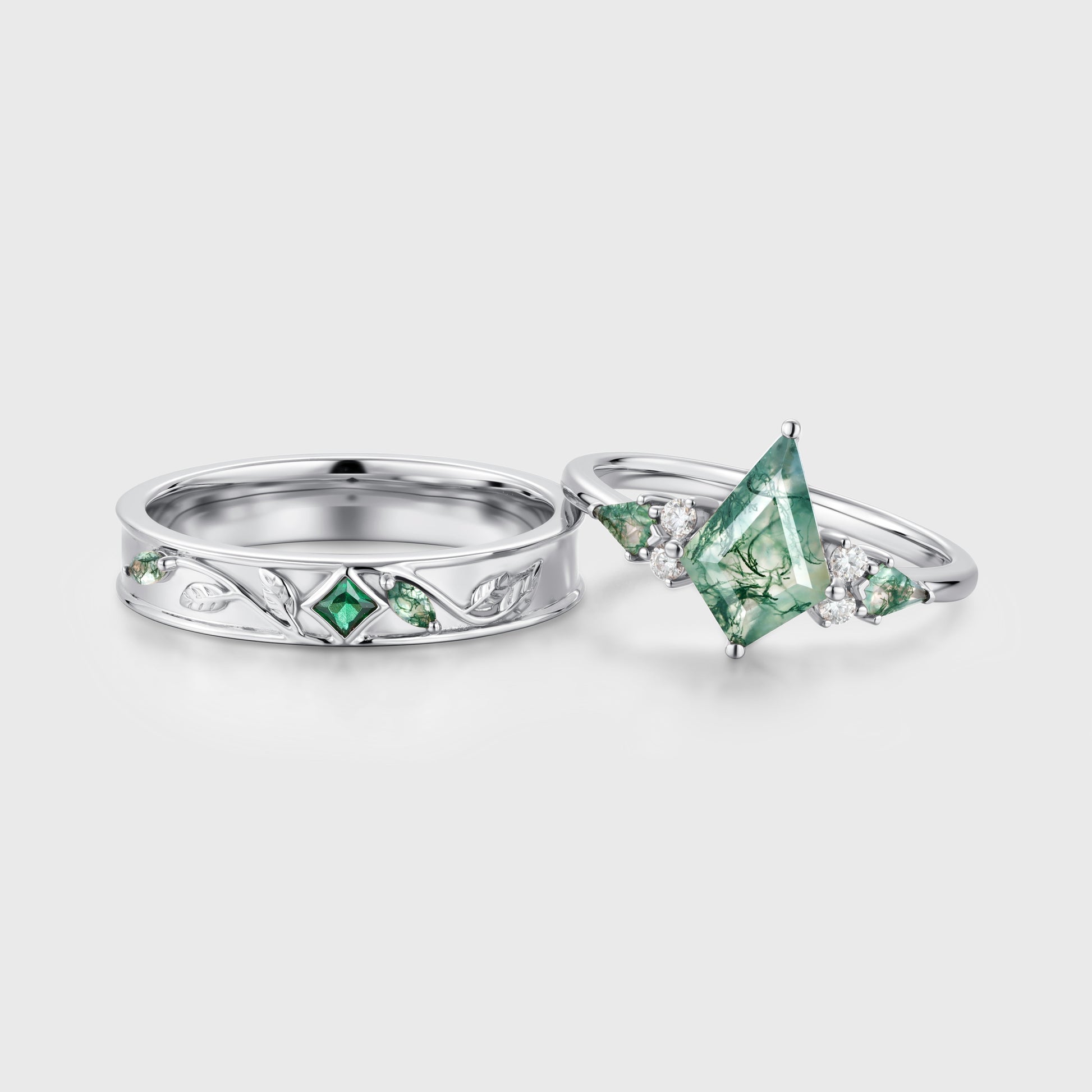Forever Glow Moss Agate Couple Rings | Rose Gold Leaf Wedding Bridal Set