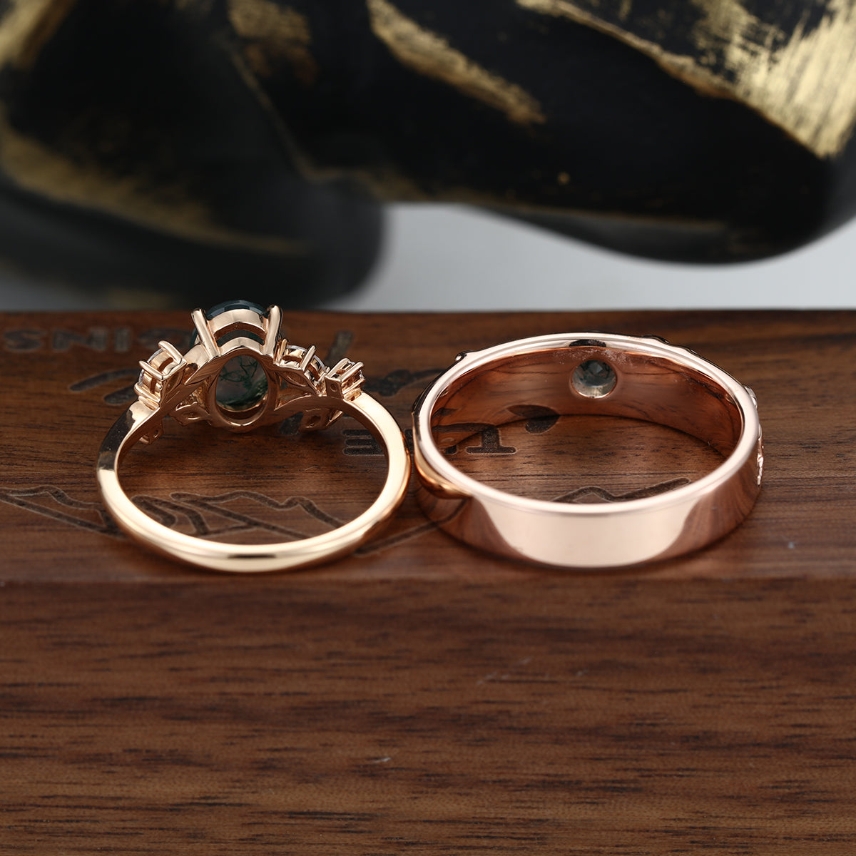 Forever Glow Moss Agate Couple Rings | Rose Gold Leaf Wedding Bridal Set