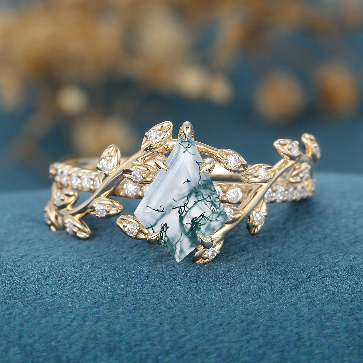 Kite Cut Natural Green Moss Agate Cluster Engagement Ring