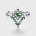 Princess Cut Moss Agate Bezel Engagement Ring Matching Curved Moss Agate  Wedding Bridal Set