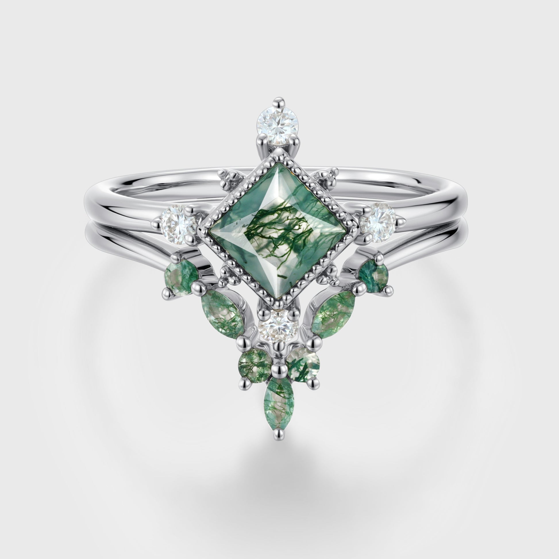 Princess Cut Moss Agate Bezel Engagement Ring Matching Curved Moss Agate  Wedding Bridal Set