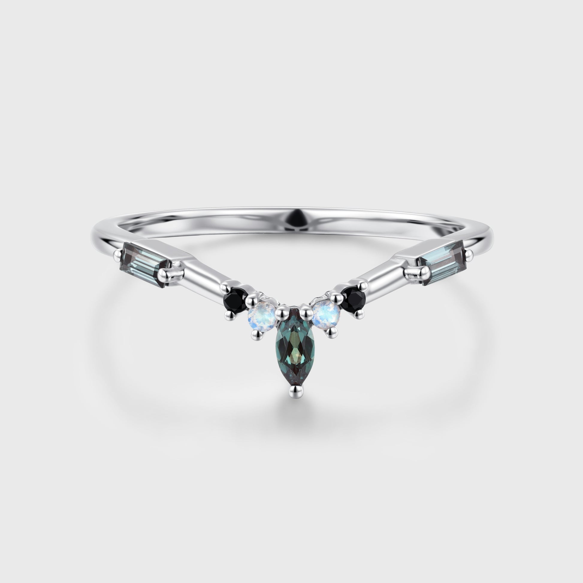 Lab Alexandrite+Moonstone Curved Wedding Band Matching Engagement ring