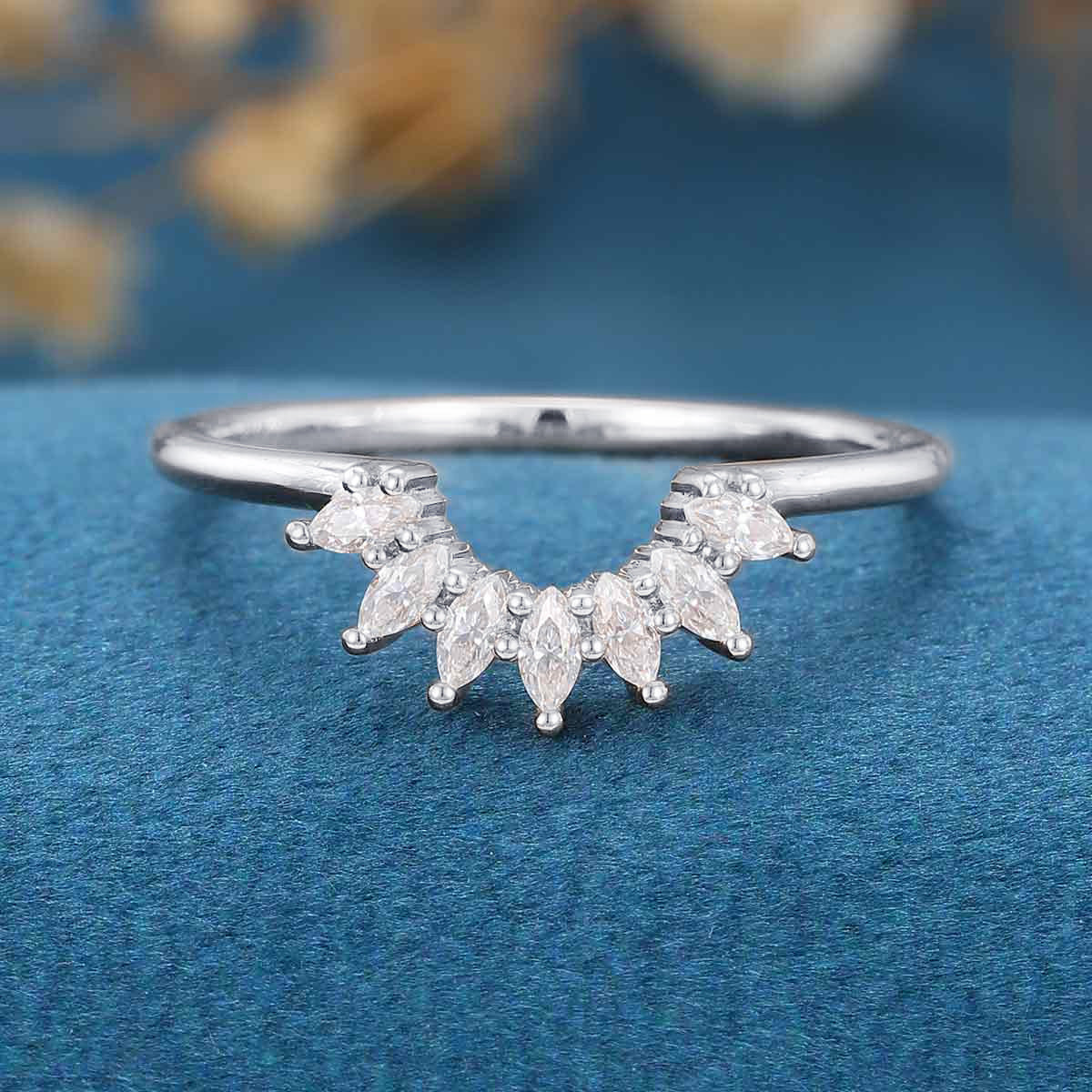 Marquise Moissanite | Diamond Curved Wedding Band Ring