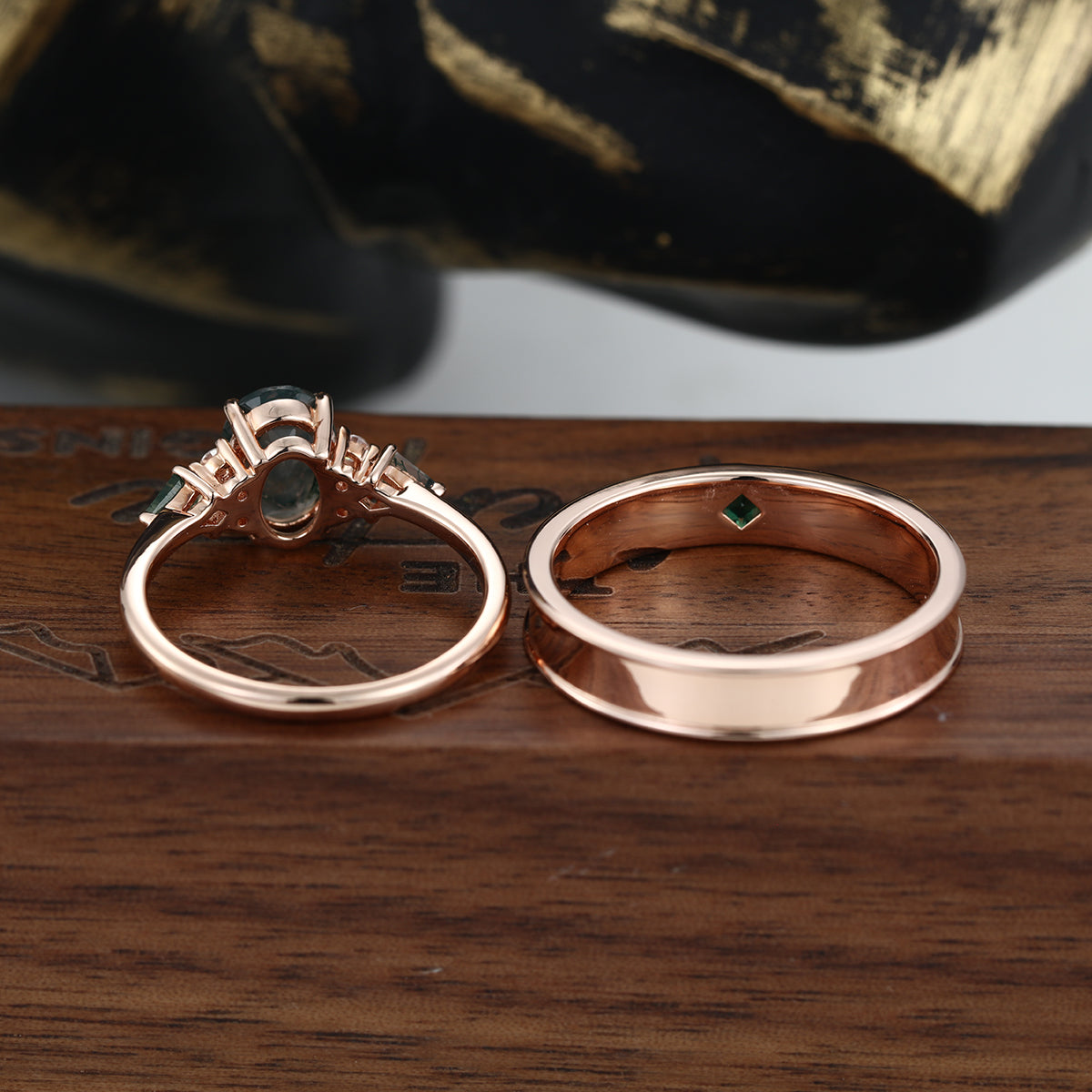 Forever Glow Moss Agate Couple Rings | Rose Gold Leaf Wedding Bridal Set