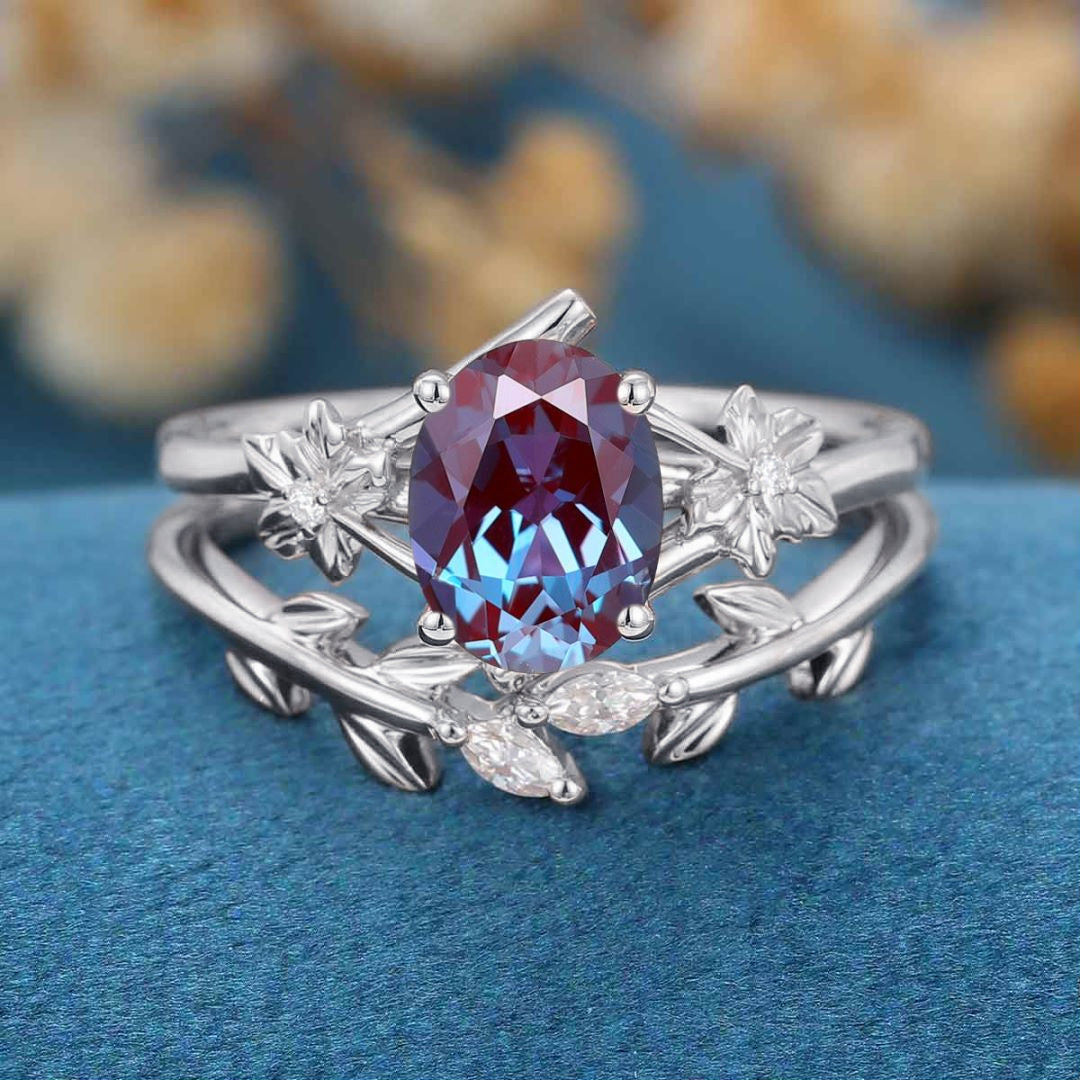 Oval cut Lab Alexandrite | Diamond Engagement Ring Bridal Set