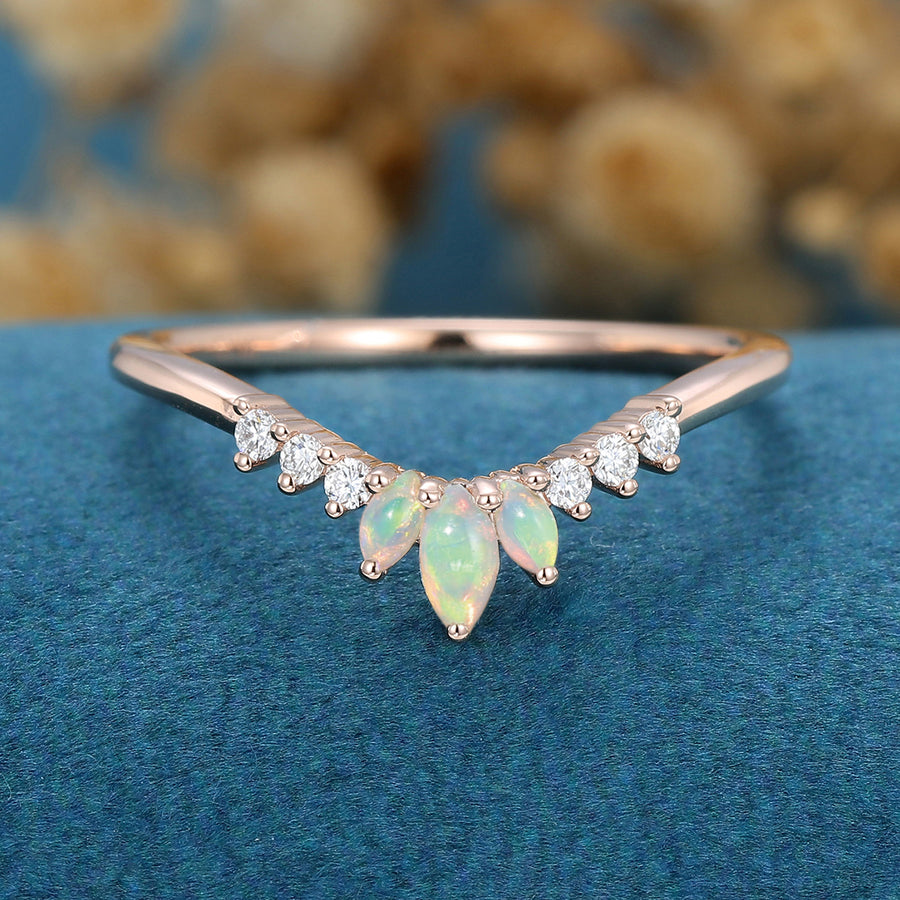 Marquise cut Opal  Round Moissanite | Diamond Curved Wedding Band Ring