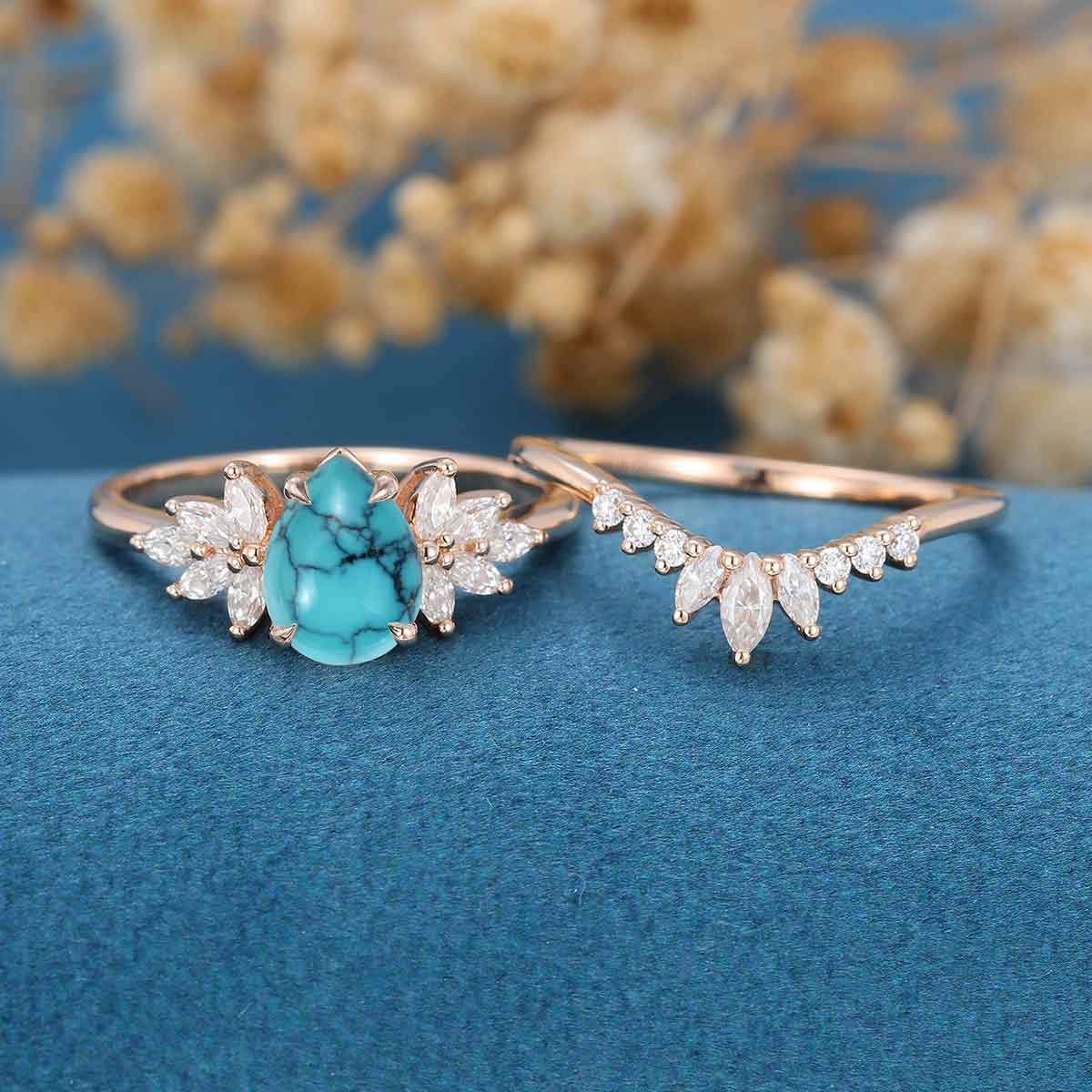 Pear cut Turquoise Cluster Engagement ring Bridal Set 