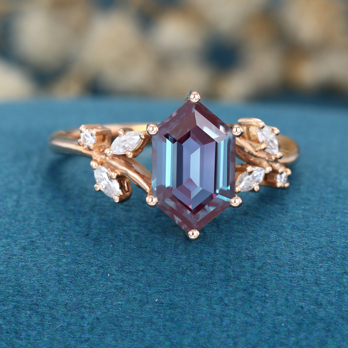 Hexagon cut Lab Alexandrite Solid Gold Engagement Ring
