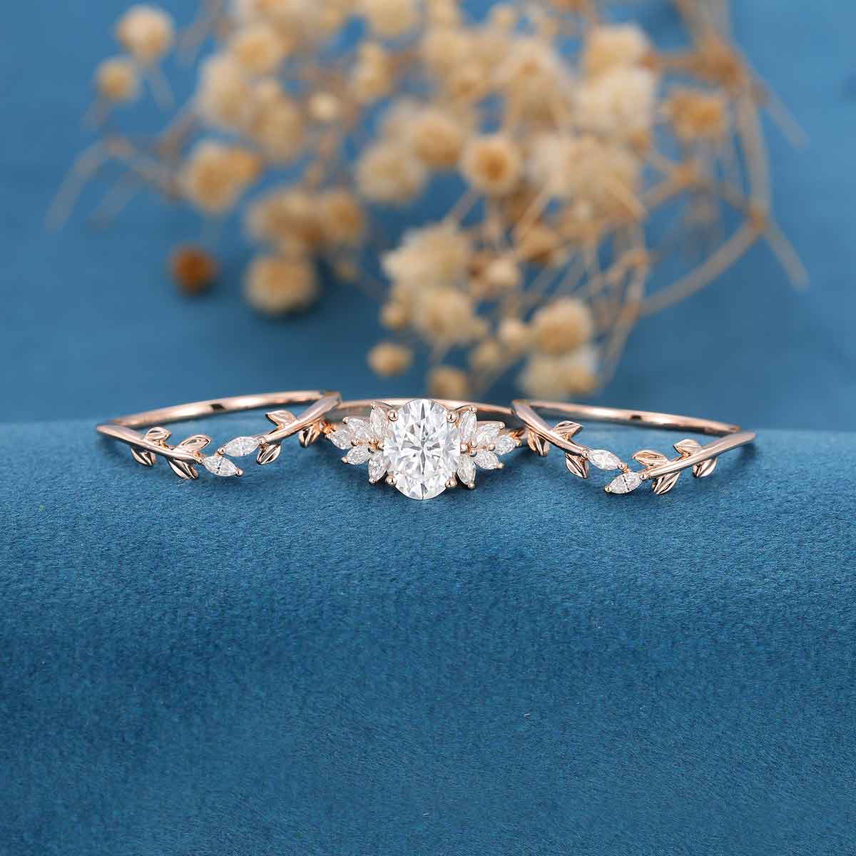 1.5Carat Oval Moissanite Cluster Engagement Bridal Set