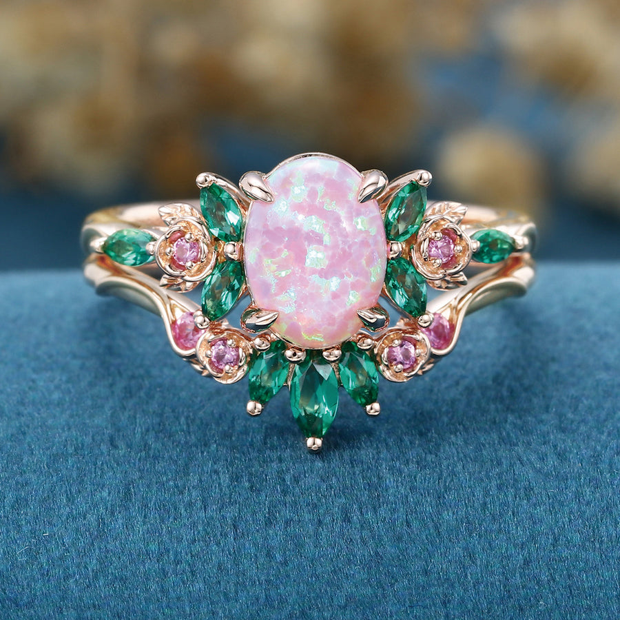 Oval cut Lab Pink Opal Rose Gold Matching Lab Grown Emerald |  Natural Pink Sapphires  Rose Gold Wedding Bridal Set