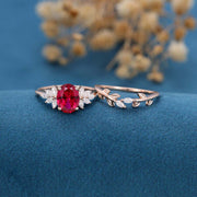 Oval cut Lab Ruby Cluster Engagement ring Bridal Set 