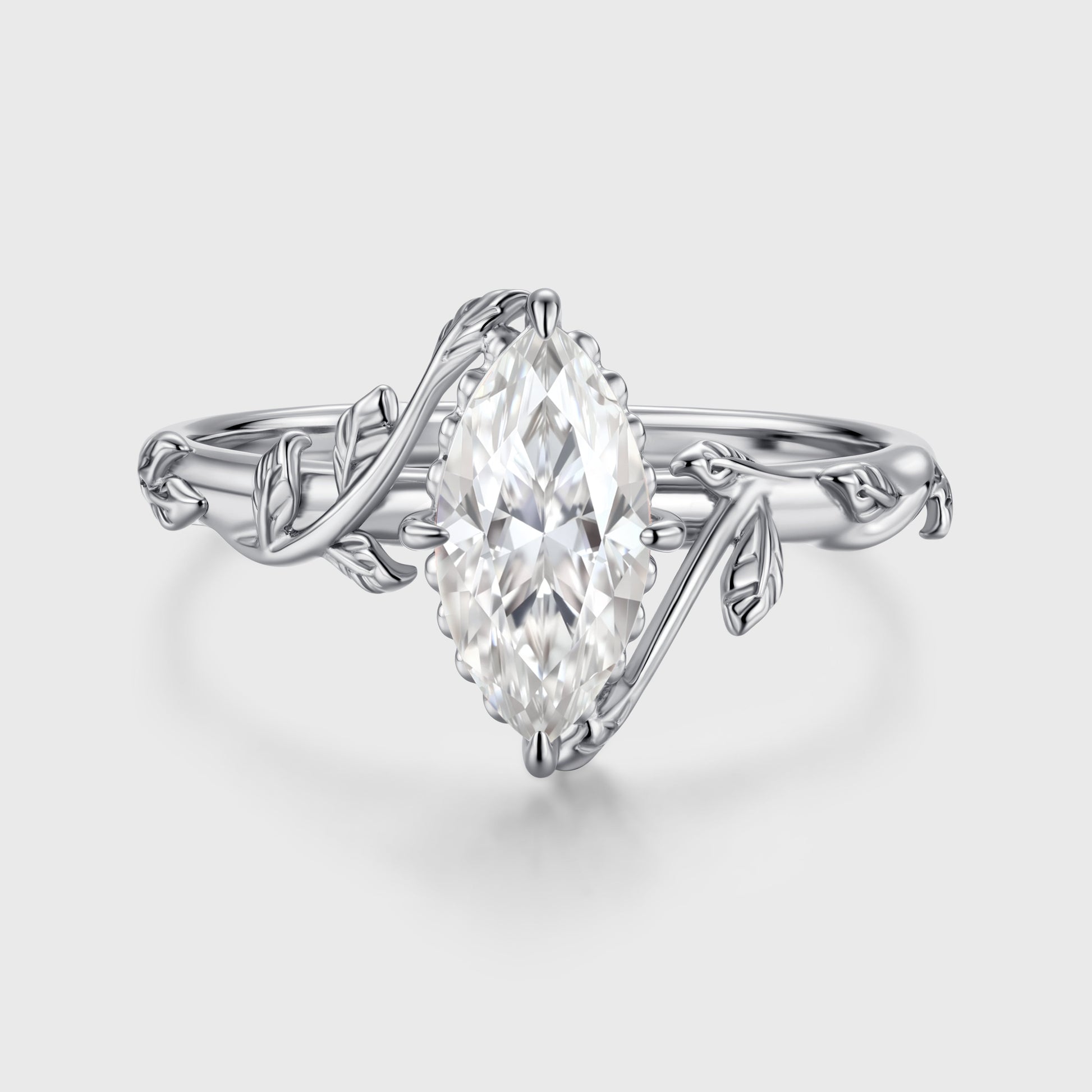 Nature Inspired Marquise cut Moissanite Leaf Gold Engagement Ring