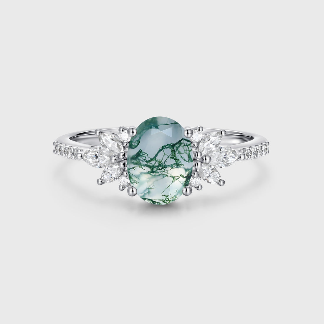 Oval Cut Natural Green Moss Agate Stone Cluster Engagement Rings