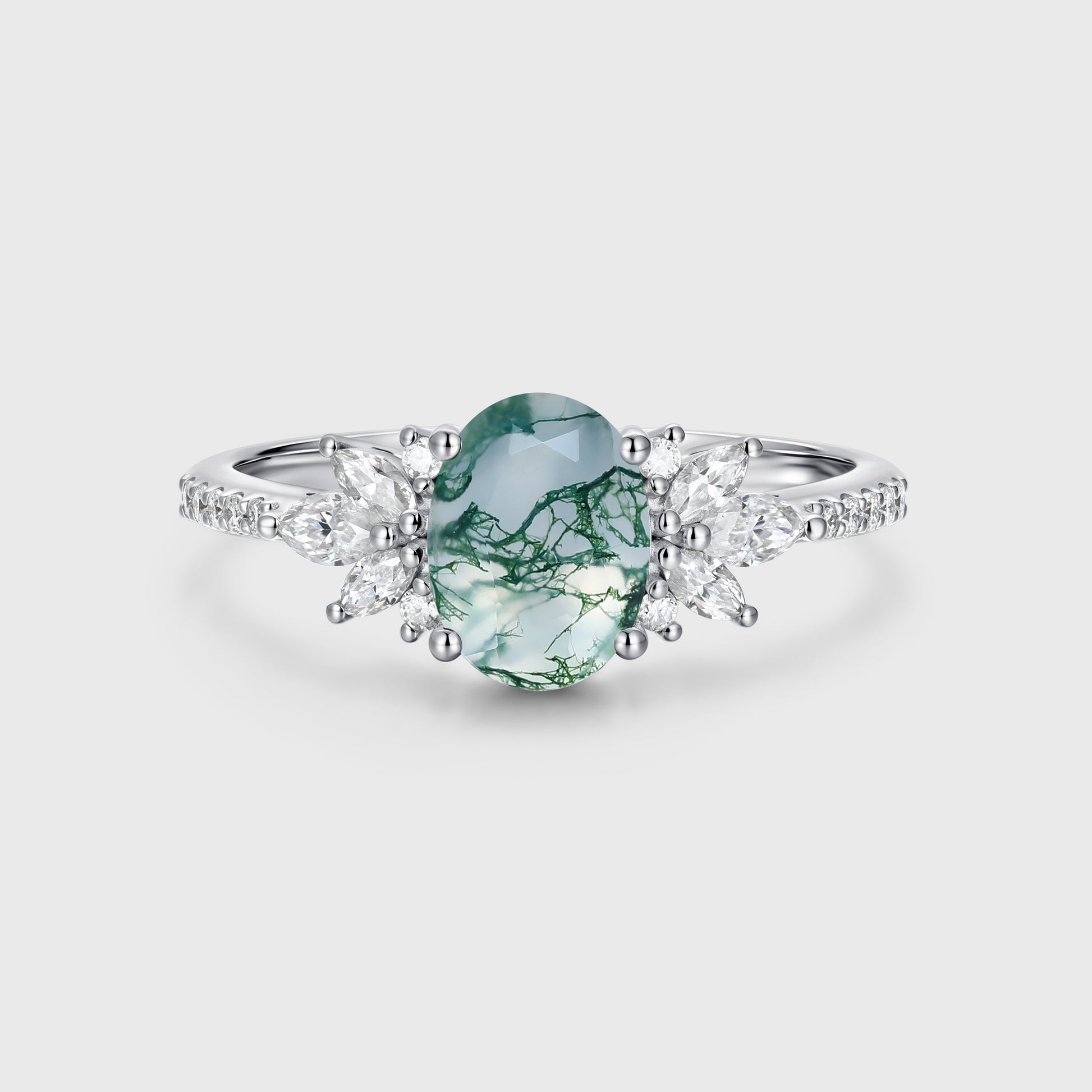 Oval Cut Natural Green Moss Agate Stone Cluster Engagement Rings