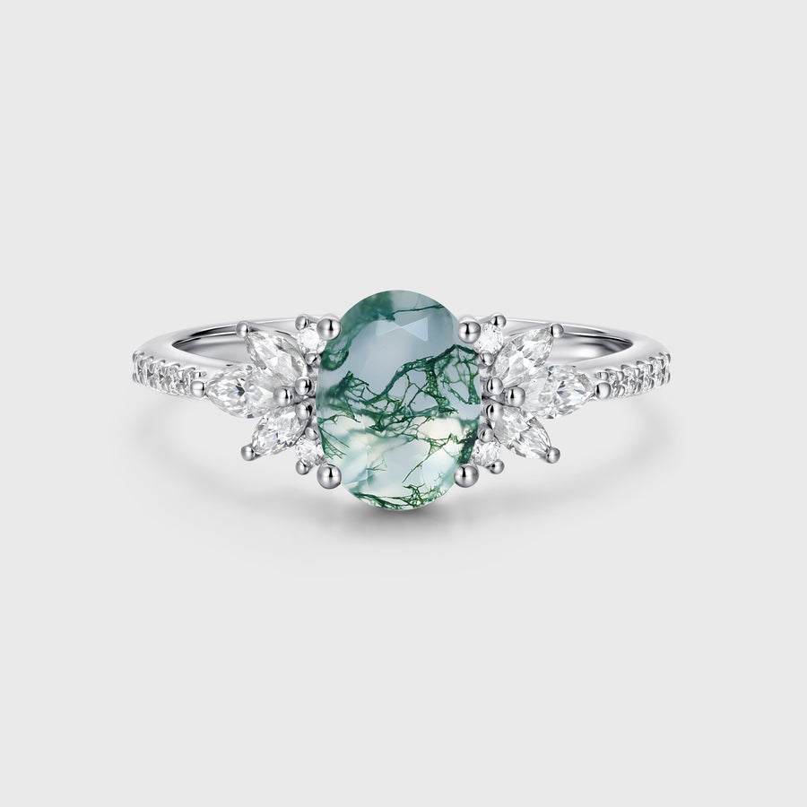 Oval Cut Natural Green Moss Agate Stone Cluster Engagement Rings