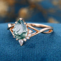 Pear Cut Natural Green Moss Agate Cluster Engagement Ring 