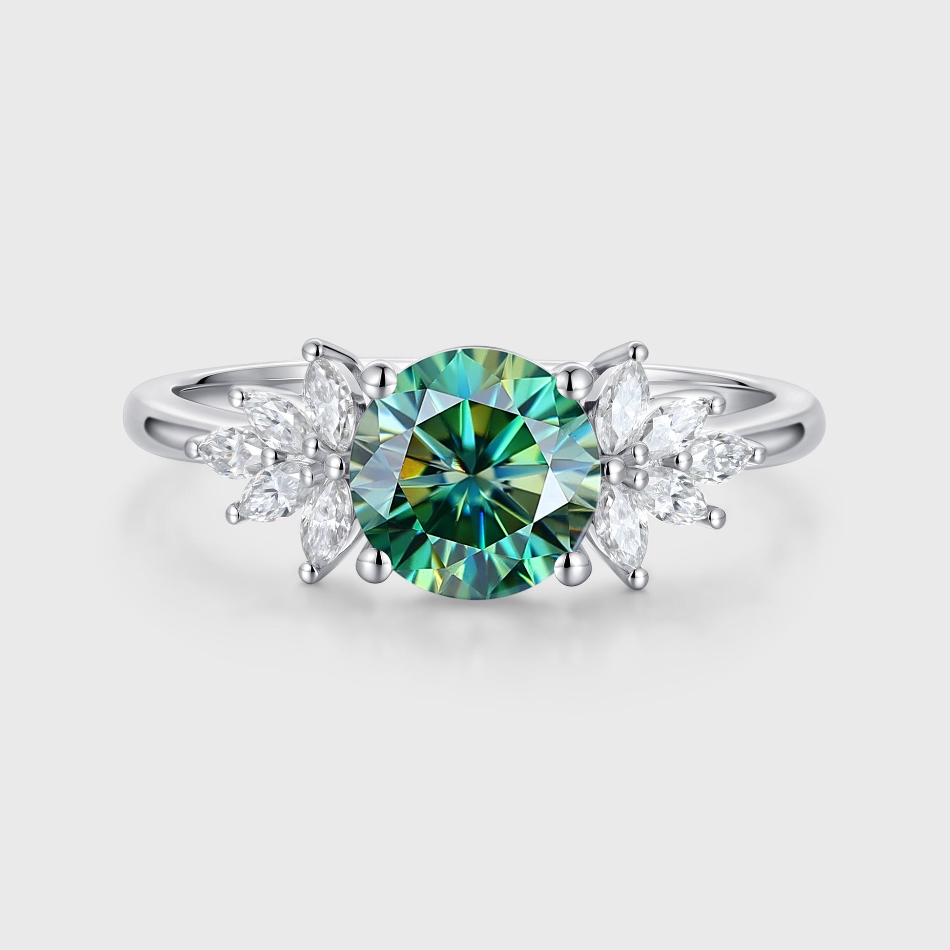 Round cut Green Moissanite Cluster Engagement Ring