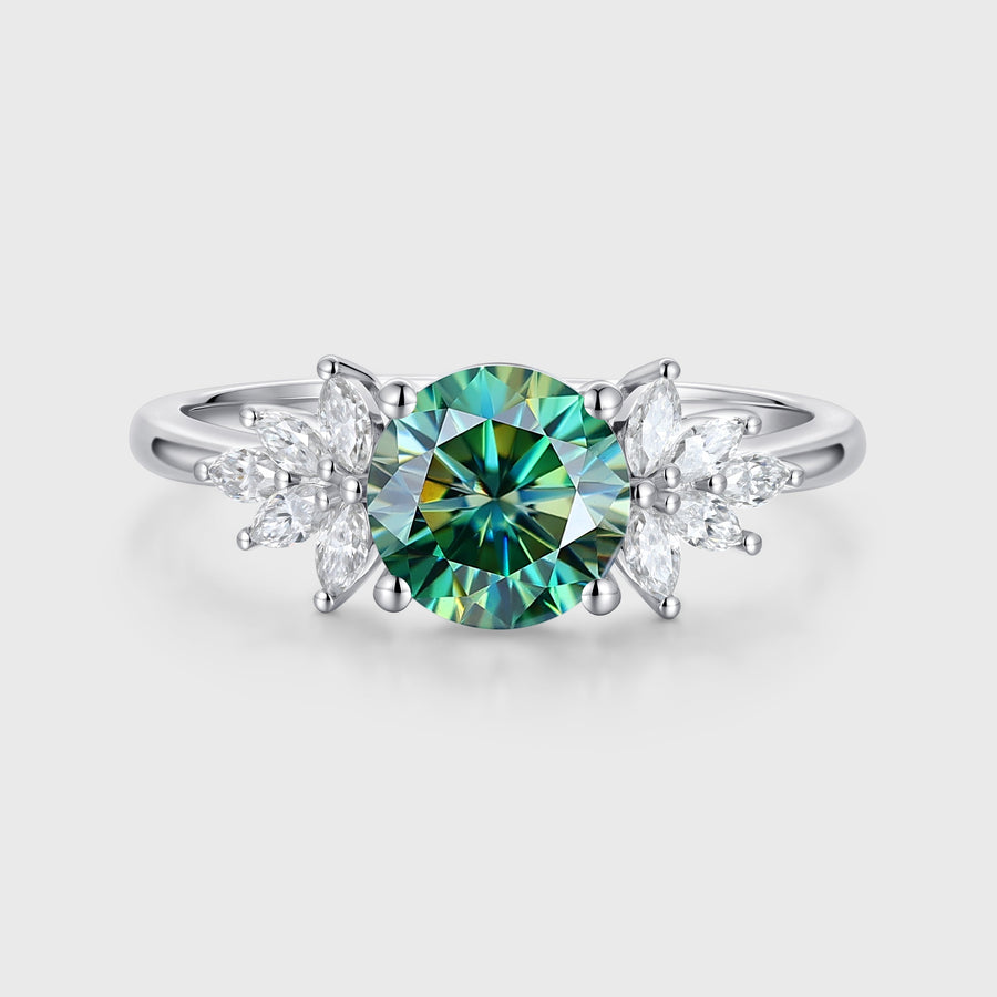 Round cut Green Moissanite Cluster Engagement Ring
