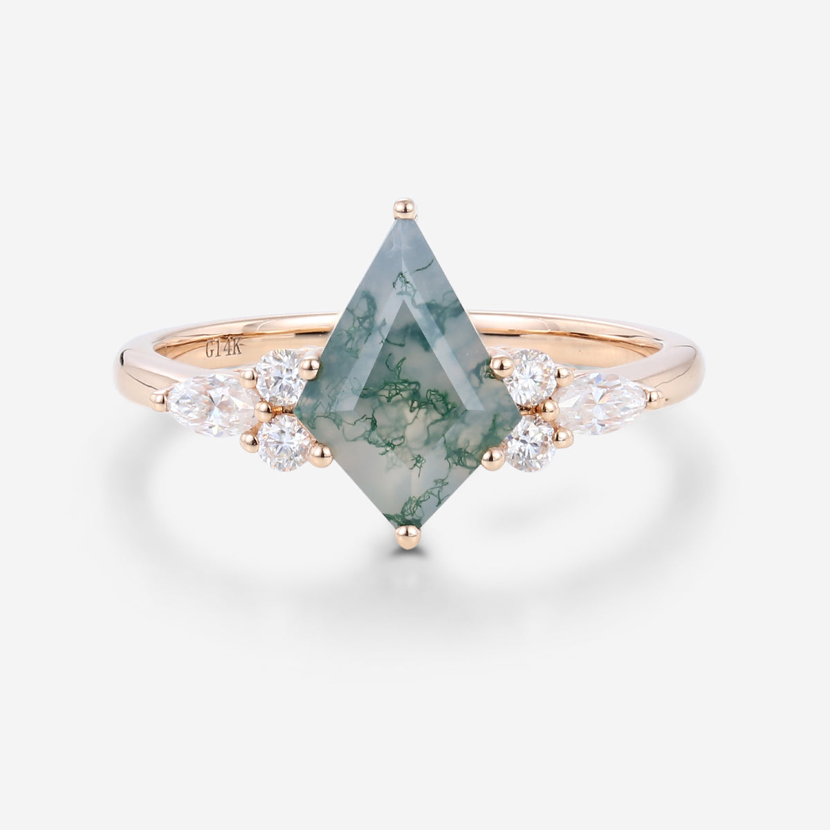 Kite Cut Natural Green Moss Agate Cluster Engagement Ring