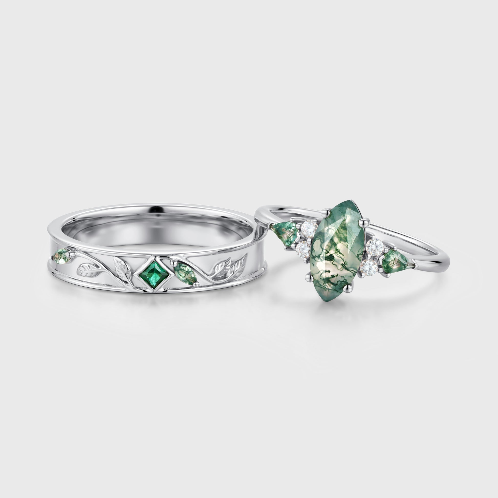 Forever Glow Moss Agate Couple Rings | Rose Gold Leaf Wedding Bridal Set (Copy)
