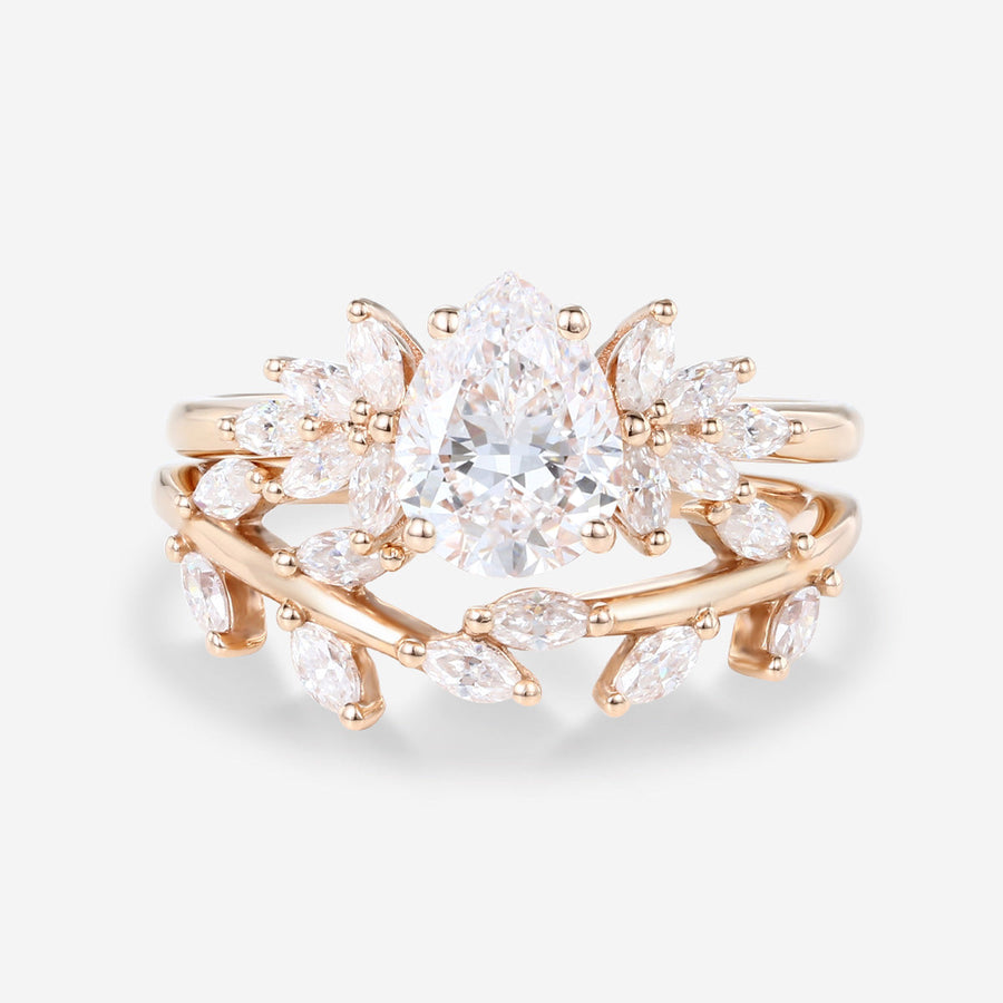 1.2Carat Pear cut Moissanite Engagement Ring Cluster Diamonds Rose Gold Wedding Bridal Set (Copy)