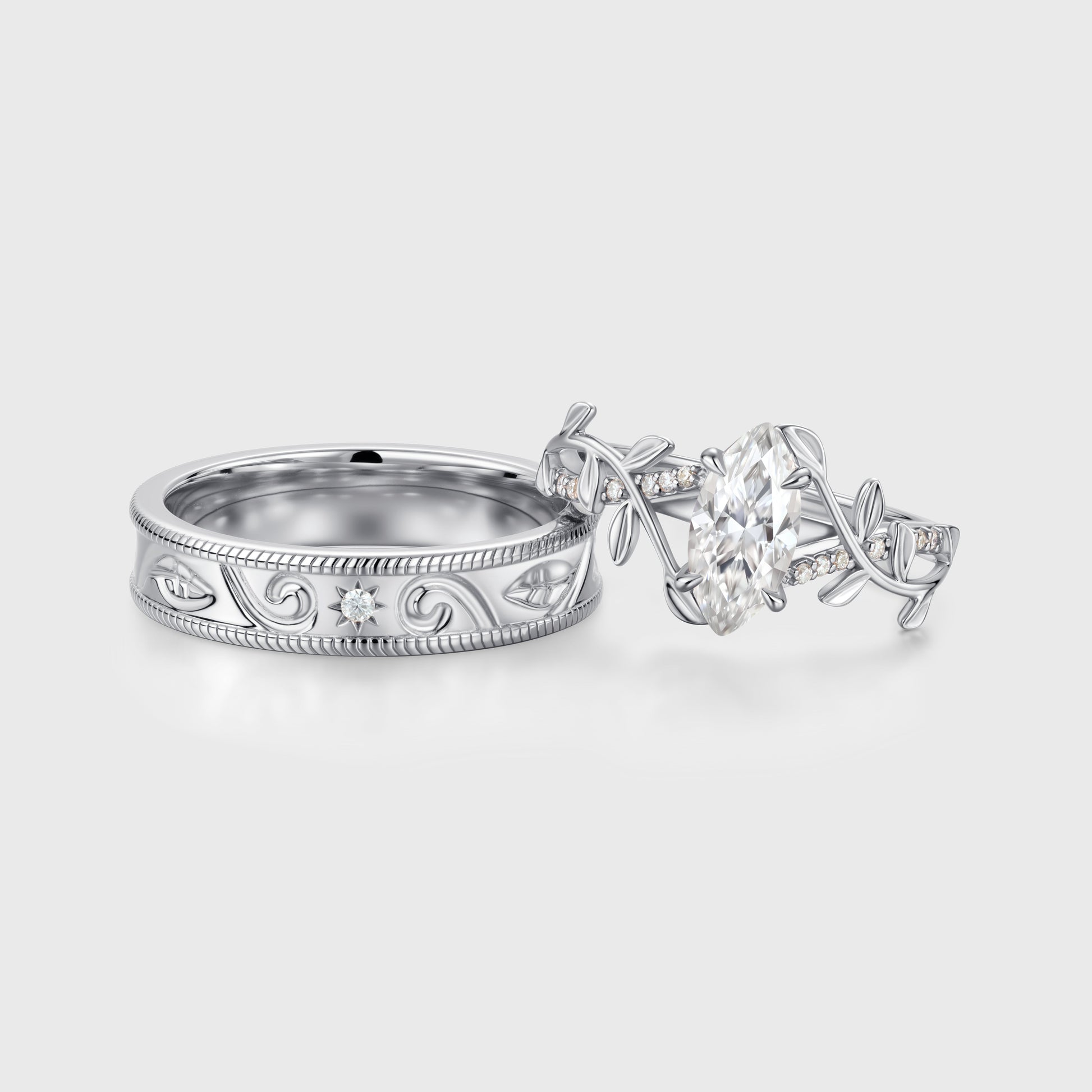 Nature Inspired Moissanite Couple Rings | D Color VVS1 | Rose Gold Leaf Wedding Bridal Set