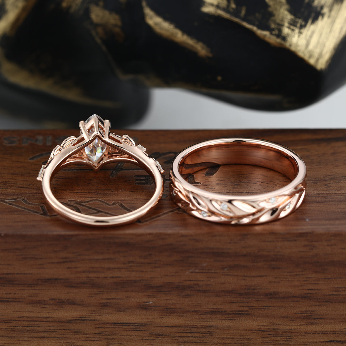 Marquise cut Moissanite Couple Rings | D Color VVS1 | Rose Gold Leaf Wedding Bridal Set