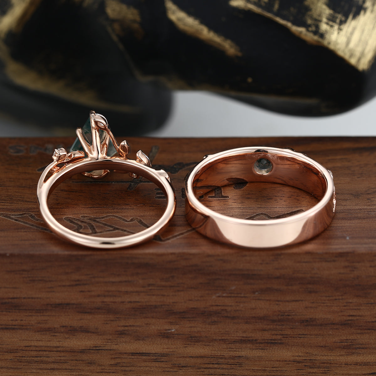 Kite Green Moss Agate & Whiskey Barrel Couples Ring Set- His and Hers Wedding Band Rose Gold Matching Promise Rings