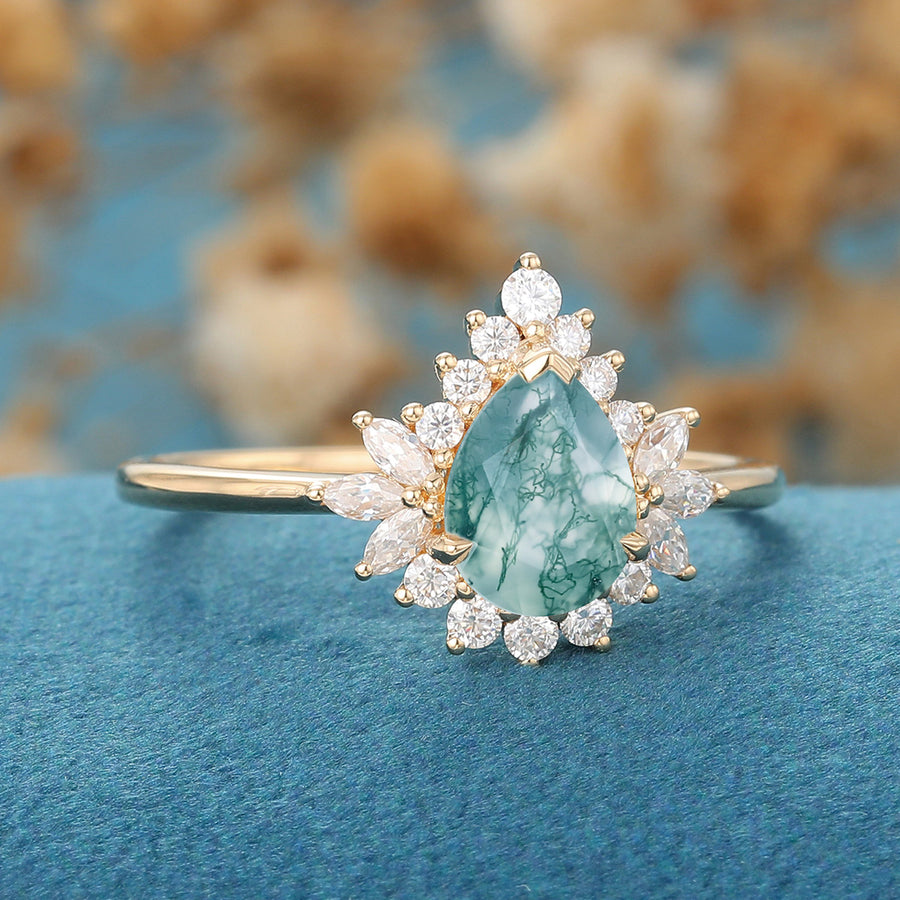 1.2 Carat Moss Agate Natural Green Pear cut Cluster Engagement rings 