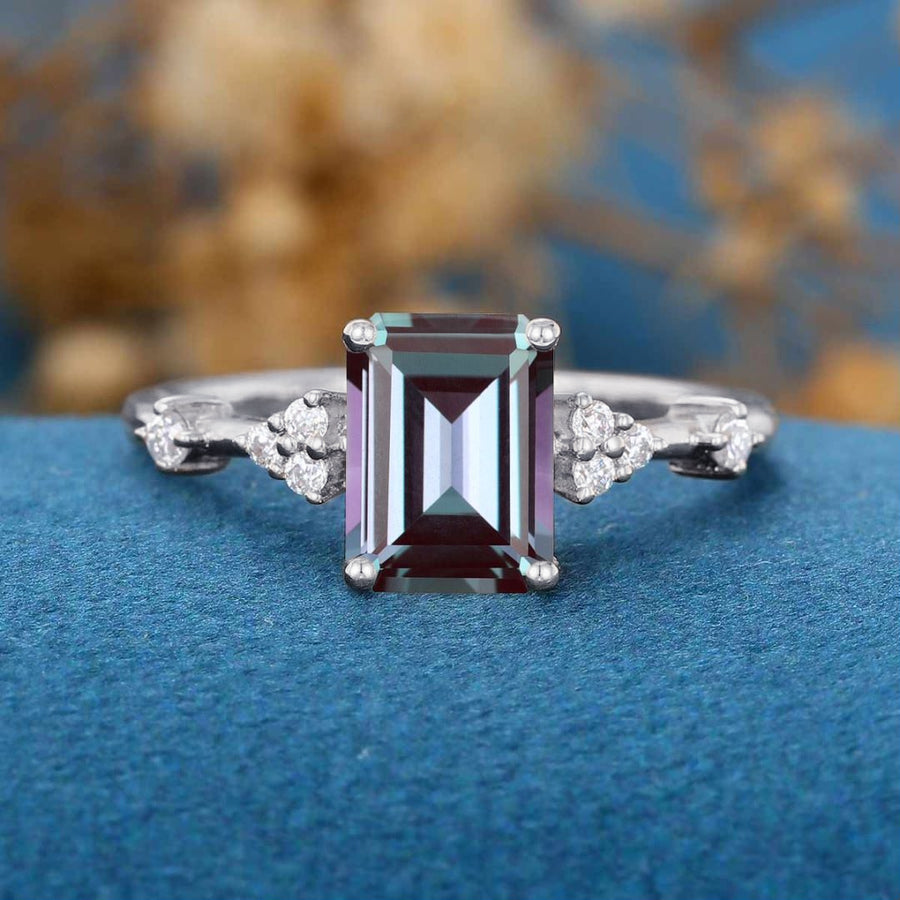 Emerald cut Lab Alexandrite Cluster Engagement Ring