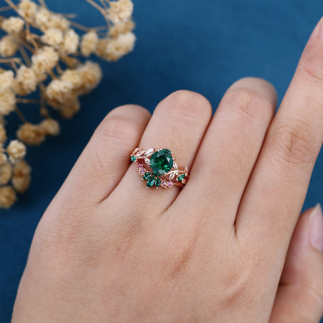 Round cut Lab Emerald  + Pink Sapphire | Emerald Wedding bridal set