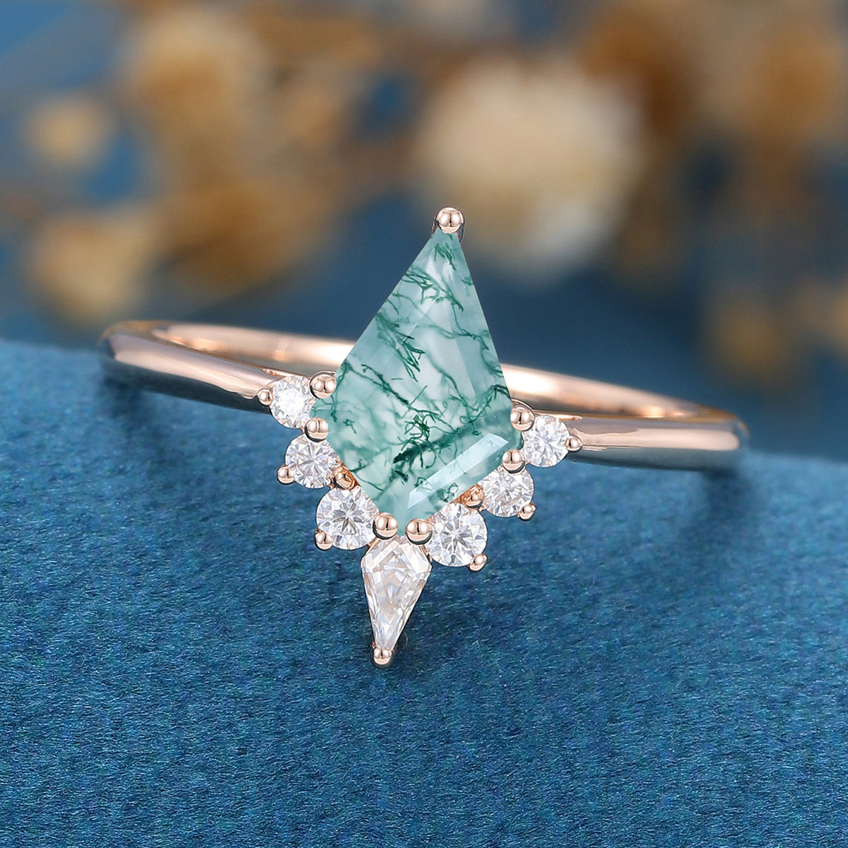 Kite Cut Natural Green Moss Agate Cluster Engagement Ring 