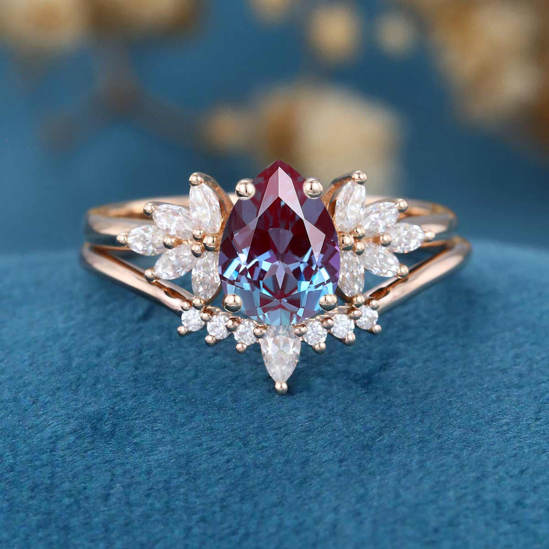 Pear cut Lab Alexandrite | Diamond Engagement Ring Bridal Set