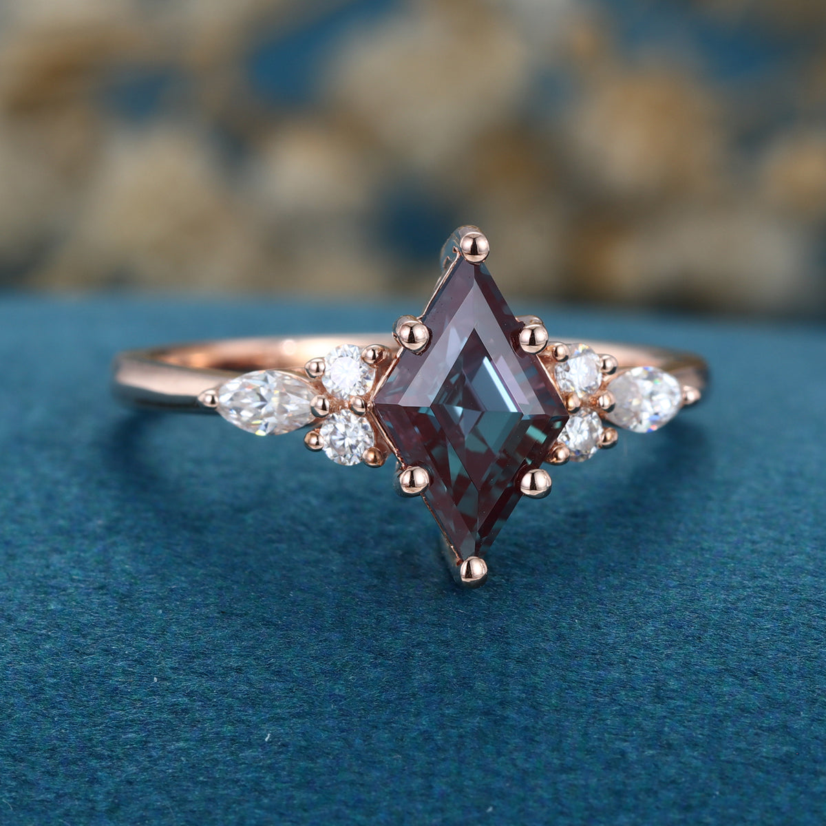 Lozenge cut Lab Alexandrite Solid Gold Engagement Ring
