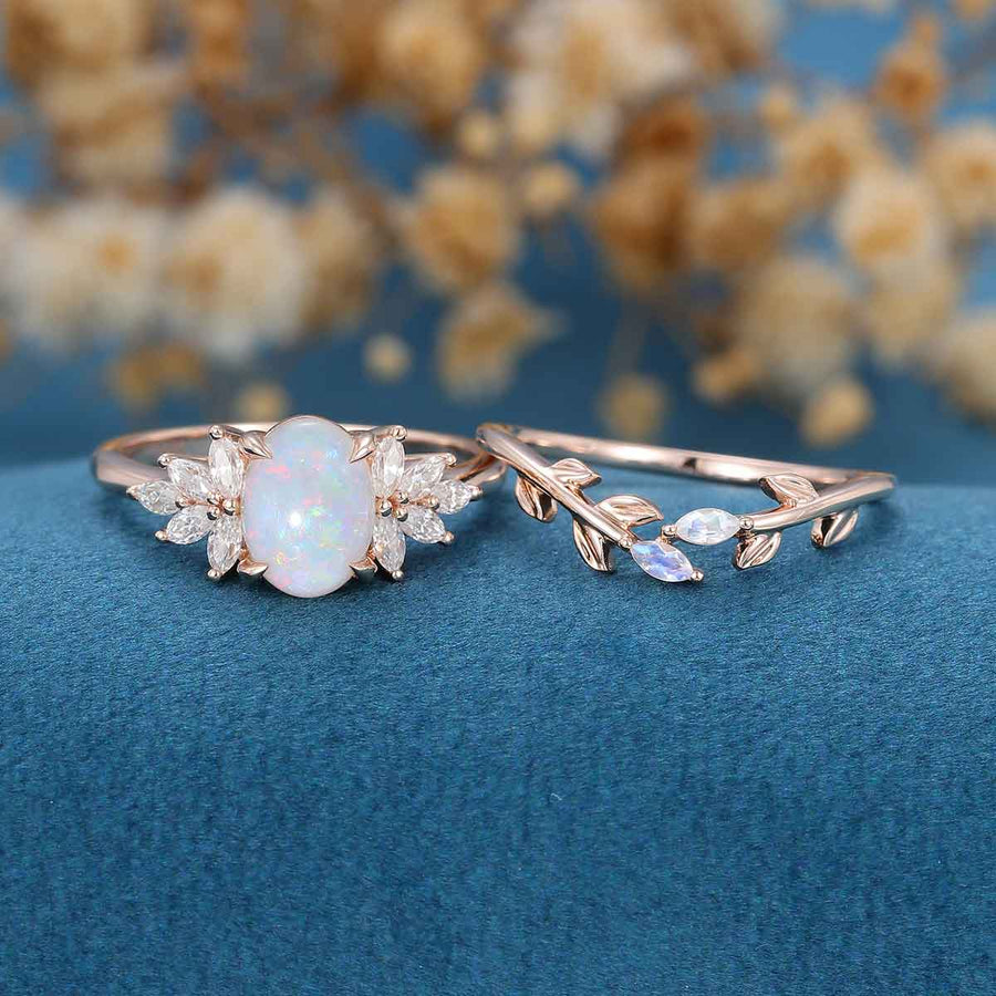 Oval cut Opal Engagement ring Bridal Set