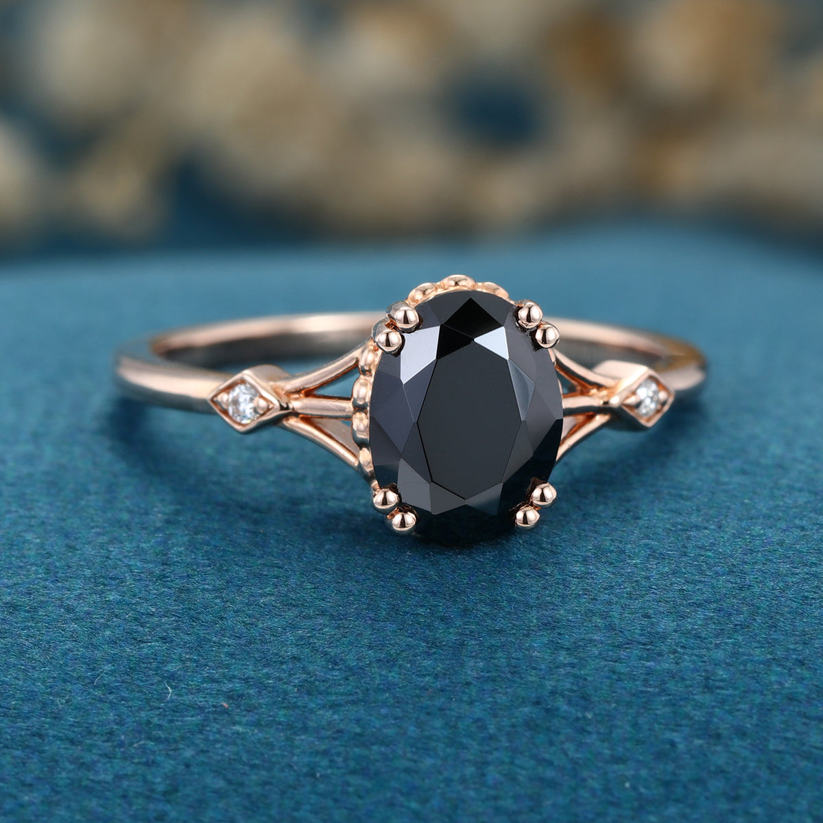 Oval cut Black Onyx Solid Gold Engagement Ring