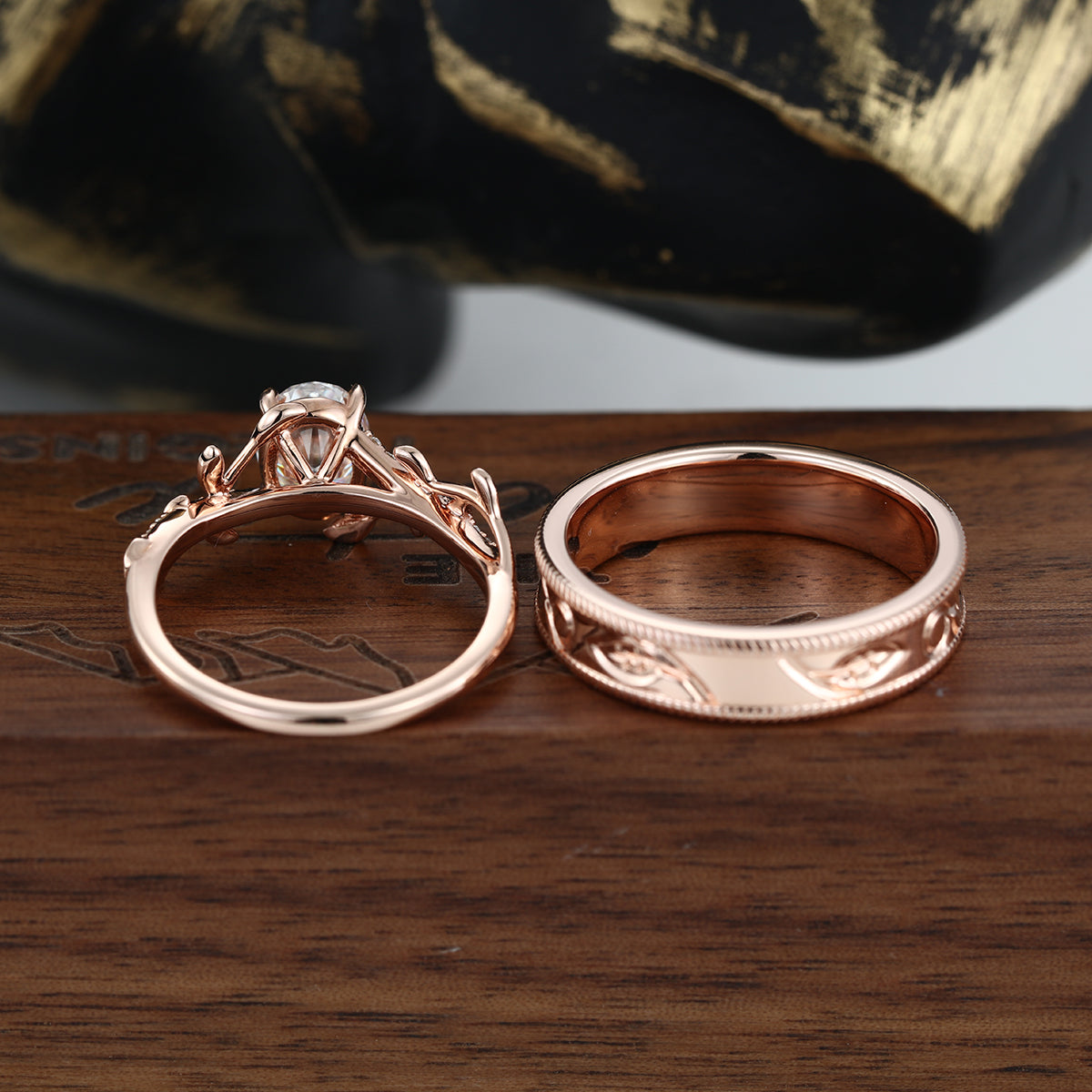 Nature Inspired Oval cut Moissanite Leaf Gold Engagement Ring