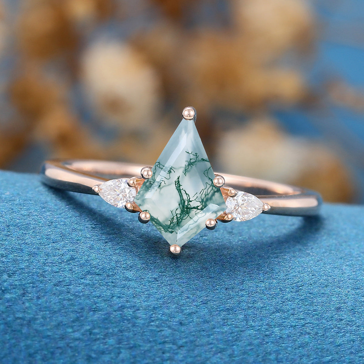 Kite Cut Natural Green Moss Agate Cluster Engagement Ring 