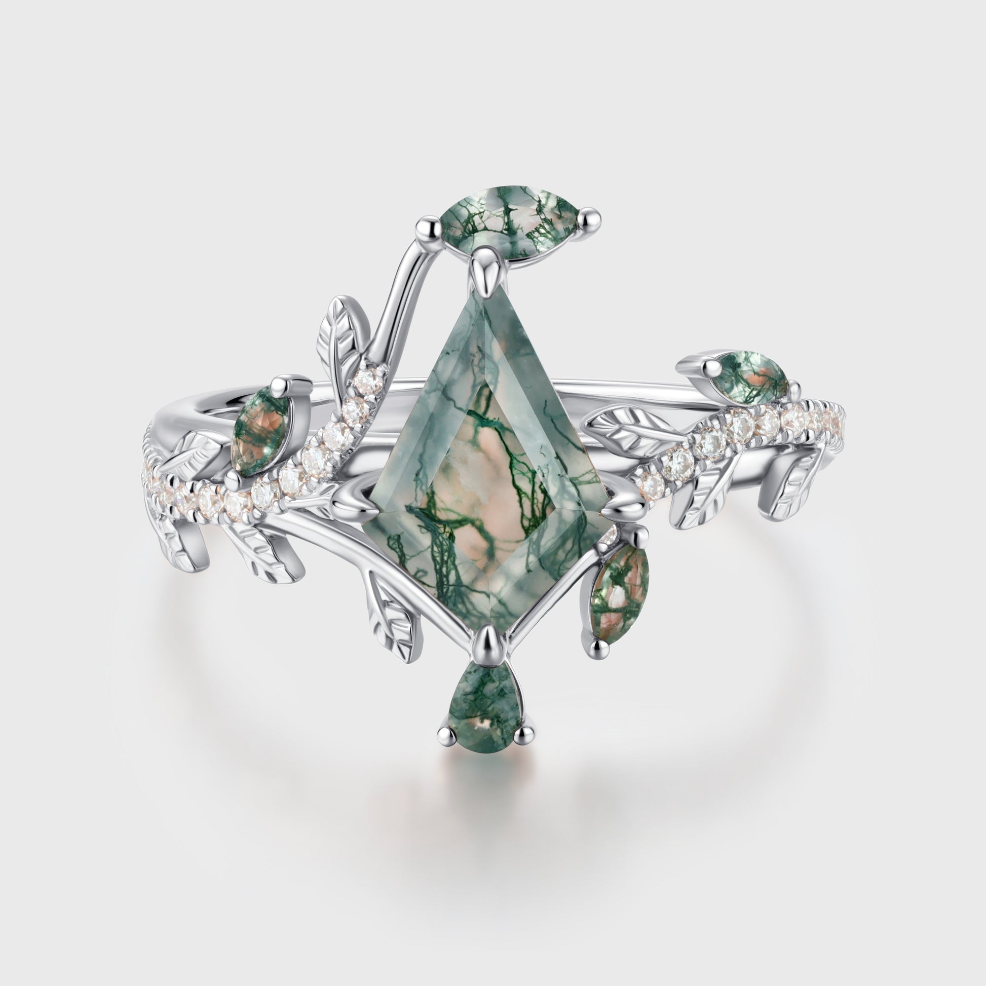 Nature Inspired Kite cut Moss Agate Leaf Gold Engagement Ring