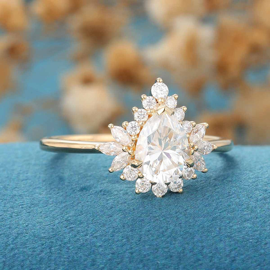 Pear cut Moissanite Cluster |  Halo Engagement Ring