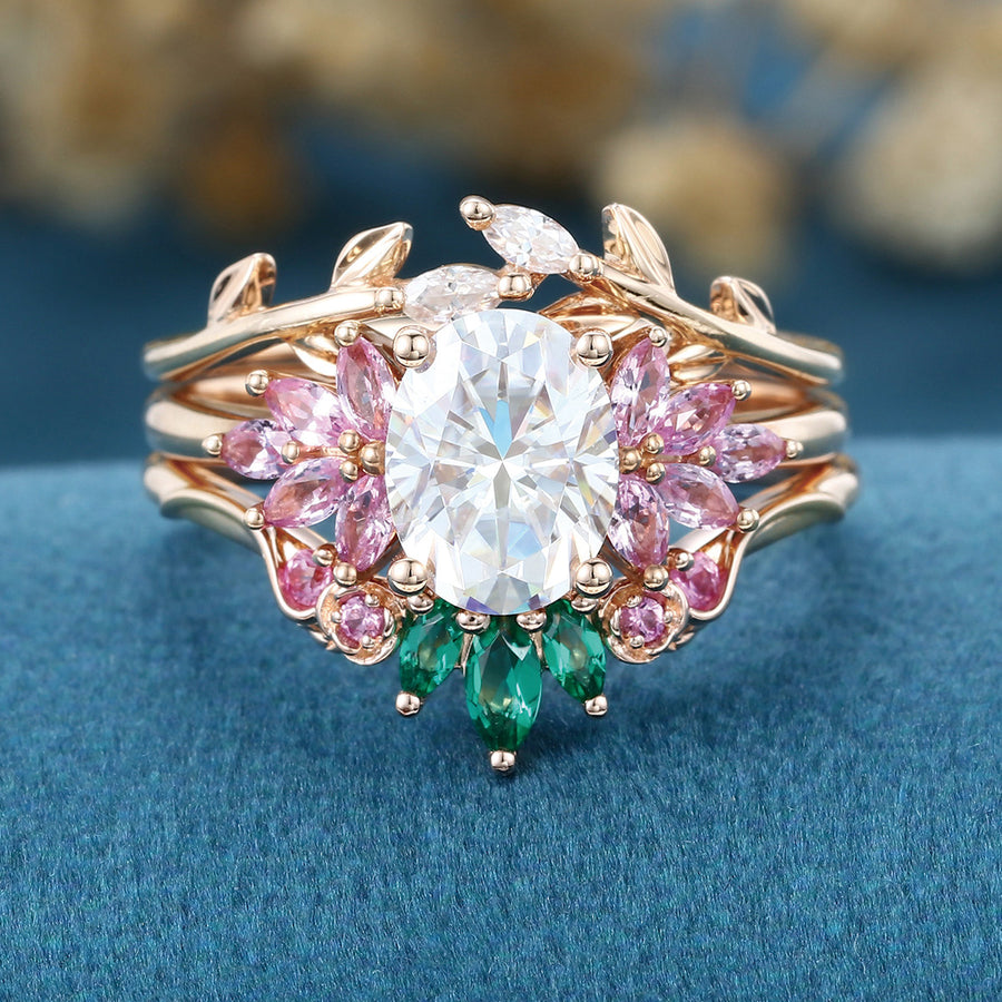 Oval cut Moissanite Matching Diamonds | Lab Grown Emerald |  Natural Pink Sapphires  Rose Gold Wedding Bridal Set