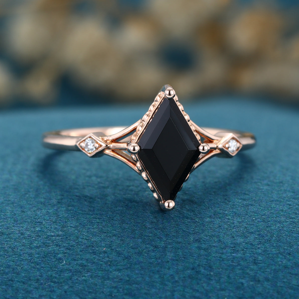 Lozenge cut Black Onyx Solid Gold Engagement Ring