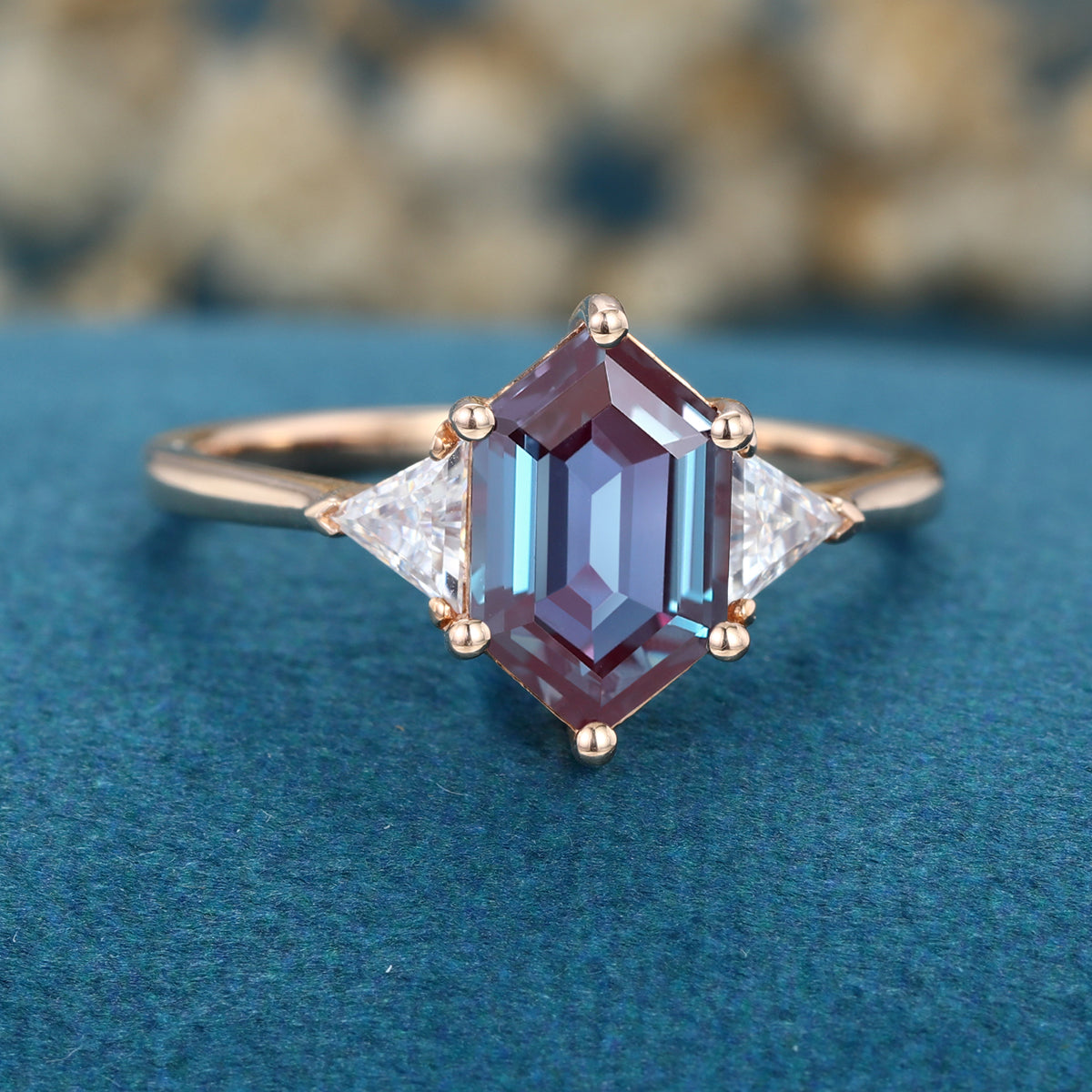 Hexagon cut Lab Alexandrite Solid Gold Engagement Ring