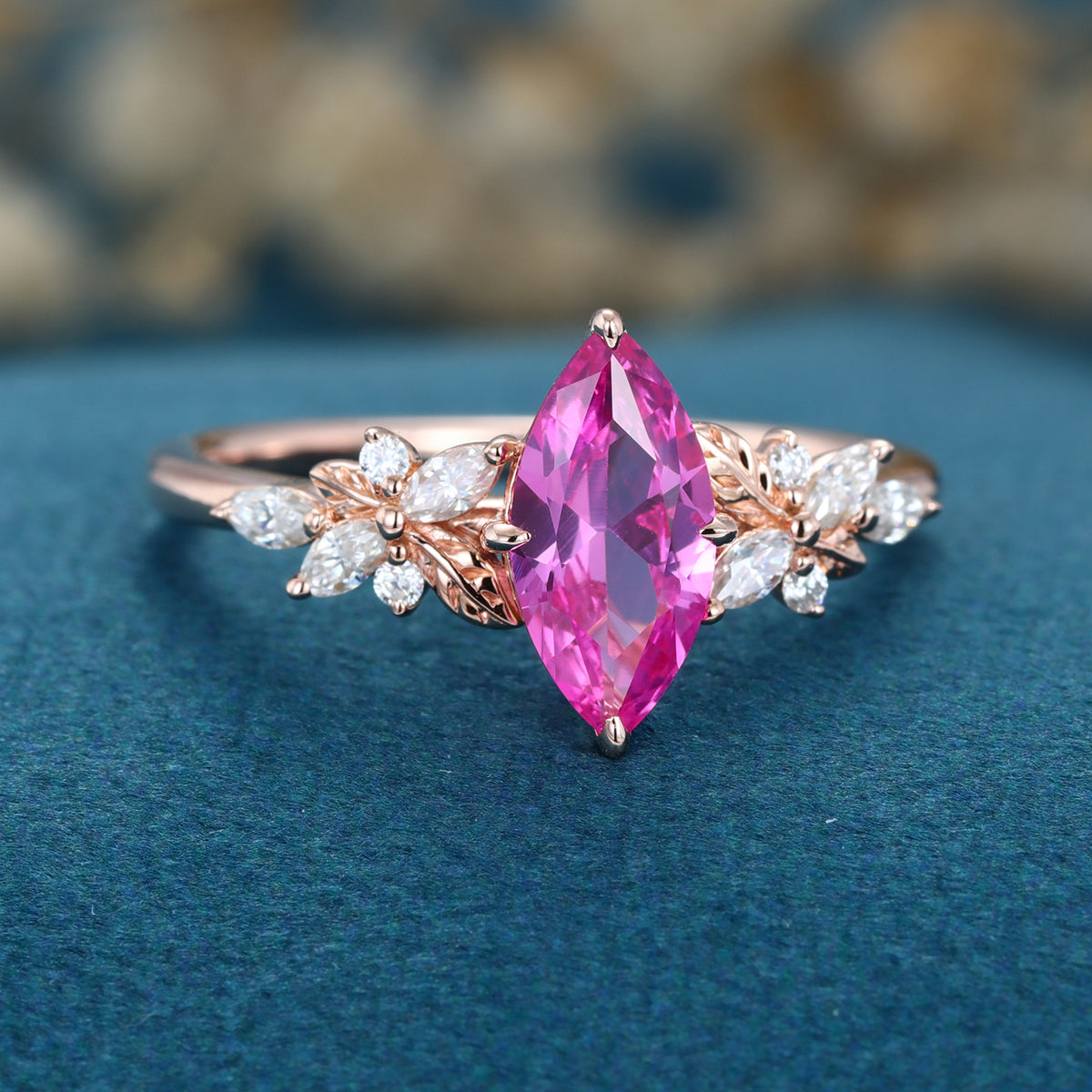 Marquise cut Lab Grown Pink Sapphire Solid Gold Engagement Ring