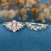 1.0 Carat Marquise cut Morganite + Moissanite Cluster Engagement Ring Bridal Set