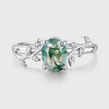 Nature Inspired Oval cut Moss Agate Leaf Gold Engagement Ring