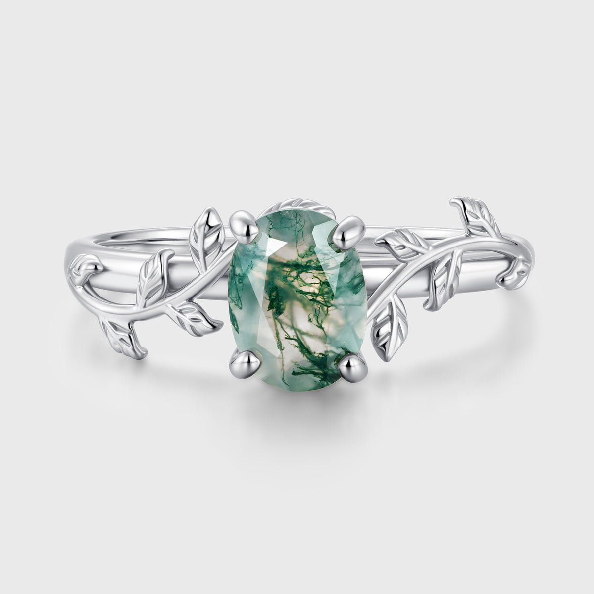 Nature Inspired Oval cut Moss Agate Leaf Gold Engagement Ring