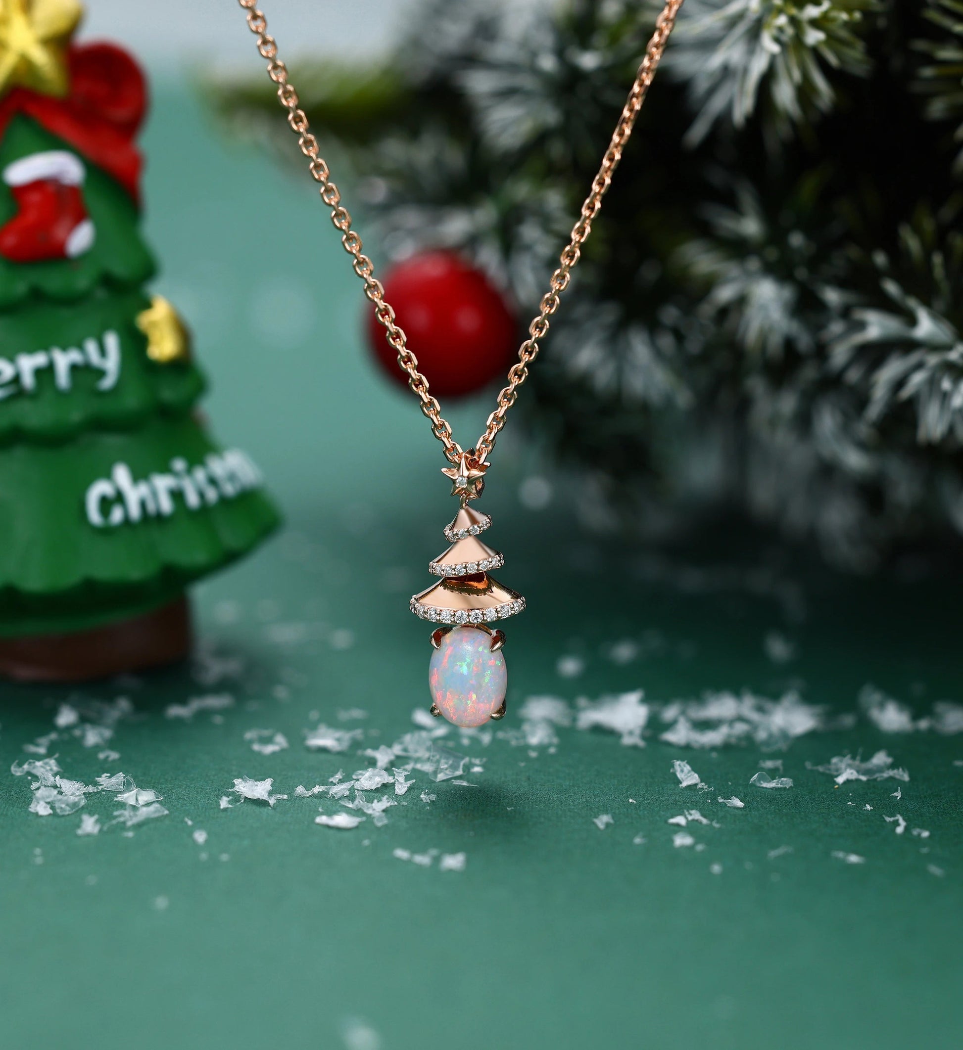 Oval cut Natural Opal Pendant Necklace with Diamonds Christmas tree